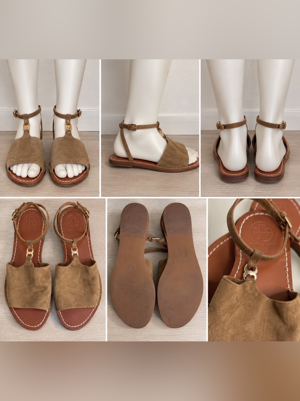 Tory Burch Suede Ankle-Strap Flat Sandals in Brown
